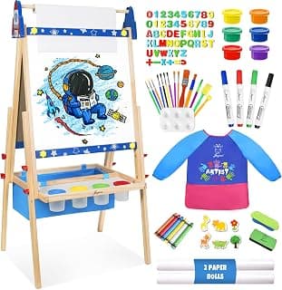 Joyooss Art Easel for Kids, Adjustable Standing Kids Easel with Magnetic Whteboard & Chalkboard, Bonus 98+ Art Supplies Child's Easel with 2 Paper Rolls, Finger Paints, Letters & Numbers Magnets