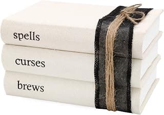 AuldHome Halloween Faux Book Stack; Decorative Witches’ Book Set with Burlap Ribbon Wrap