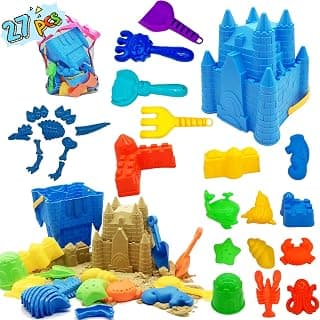 Kids Beach Sand Toys Set, 27pcs Beach Toys Castle Molds Sand Molds, Beach Bucket, Beach Shovel Tool Kit, Sandbox Toys for Toddlers, for Toddlers Kids Outdoor Indoor Play Gift 1 Bonus Mesh Bag Include