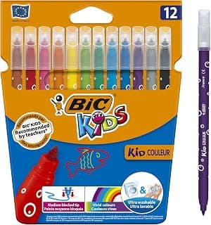 BIC Kids Kid Couleur Felt Tip Colouring Pens - Assorted Colours, Cardboard Wallet of 12