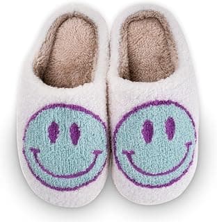 Happy Face Slippers Soft Plush Comfy Warm Faux Fur with Memory Foam, Preppy Winter Slides Non-Slip Flat White & Yellow Smile Face Slippers for Women, Men & Kids