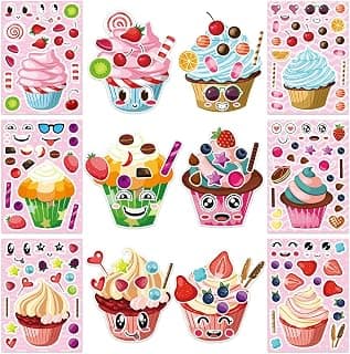 JASHIAGE 24 Sheets Cupcake Ice Cream Stickers for Kids, Make Your Own Stickers, Dessert Stickers Cake Decorating Decals Party Decorations, DIY Craft Birthday Party Favor for Boys Girls