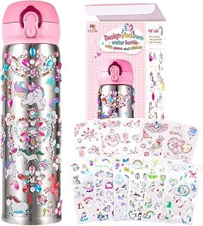 YOFUN Decorate Your Own Water Bottle with 11 Sheets of Unicorn Stickers & Glitter Gems, Craft Kit & Art Kit for Children, Gift for Girls Age 4 5 6 7 8 9 10 Years Old Kids, BPA Free Insulated (Silver)