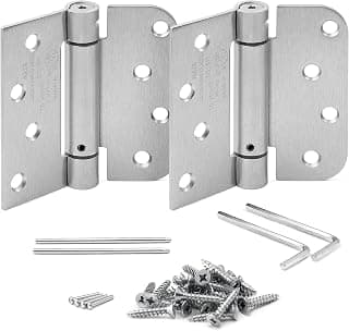 New KS Hardware Self Closing Spring Hinge | Automatic Door Hinges with Complete Installation Hardware | 4" X 4" with 1 Square & 5/8" Radius Corners | 2 Pack (Satin Nickel)