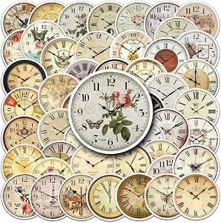 Clock Stickers 50Pcs Vinyl Vintage Clock Decoration Stickers for Laptop Skateboard Water Bottle Computer Luggage Car Bike Bumper,Waterproof Cool Cartoon Stickers for Kids Adults