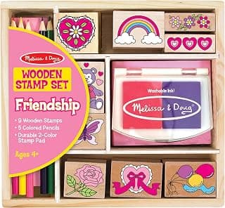 Melissa & Doug Wooden Stamp Set: Friendship - 9 Stamps, 5 Colored Pencils, and 2-Color Stamp Pad | Kids Art Projects, Stamps With Washable Ink, Hearts and Rainbows Wooden Stamps For Kids Ages 4+