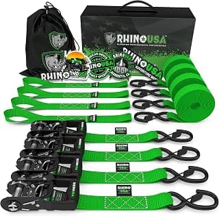 RHINO USA Ratchet Straps Tie Down Kit, 5,208 Break Strength - Includes (4) Heavy Duty Rachet Tiedowns with Padded Handles & Coated Chromoly S Hooks + (4) Soft Loop Tie-Downs