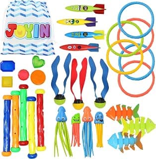 JOYIN 30 Pcs Diving Pool Toys Jumbo Set Includes (5) Diving Sticks (6) Diving Rings (5) Pirate Treasures (4) Toypedo Bandits (3) Diving Toy Balls (3) Fish Toys (4) Stringy Octopus