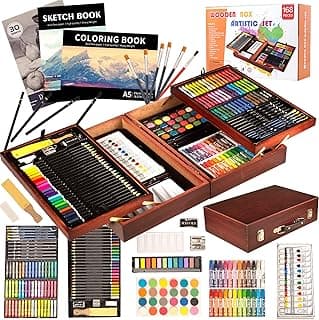 KINSPORY Art Supplies, 168-Pack Deluxe Creative Christmas Gift, Wooden Art Set Crafts Drawing Painting Coloring Kit with 1 Coloring Book, 2 Sketch Pads for Artist Beginners Kids Girls Boys (Deep Brown)