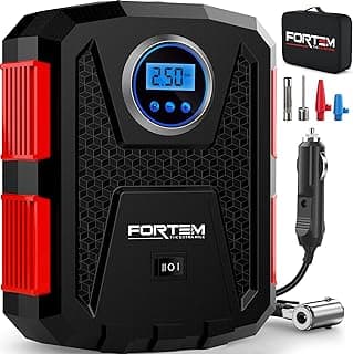 FORTEM Tire Inflator Portable Air Compressor, Bike Tire Pump, 12V Electric Air Pump for Car Tires, Bicycles w/LED Light, Digital Tire Pressure Gauge w/Auto Pump/Shut Off Feature, Carrying Case (Red, 12V)