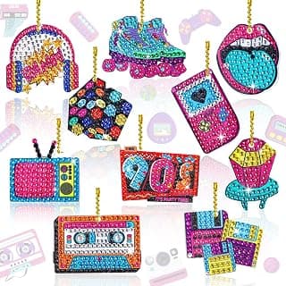 Whaline 90s Nostalgia Diamond Painting Keychain Kit DIY Retro Hip Hop Theme Diamond Painting Key Chains 5D Mosaic Making Diamond Keychain for Beginners Kids Adults Crafts Gifts Decorations