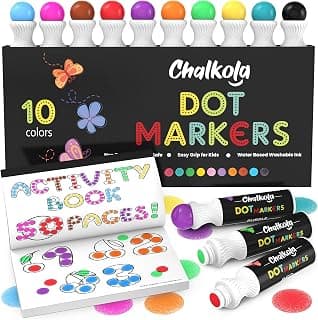 Chalkola 10 Washable Dot Markers for Toddlers with Free Activity Book - Dot Paints for Toddlers, Bingo Markers | Dot Art Kits for Kids & Preschool, Dabbers Dot Paint Marker | Dot Pens Toddler Supplies