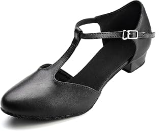 Flats Dance Shoes Women Low Heel Genuine Leather Pumps T-Strap Latin Ballroom Salsa Shoes,1"