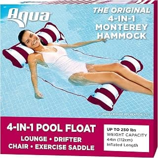 Aqua Monterey 4-in-1 Multi-Purpose Inflatable Hammock (Saddle, Lounge Chair, Hammock, Drifter) Portable Pool Float, Burgundy/White Stripe